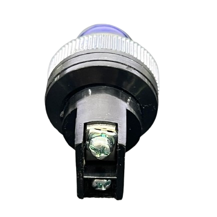 Auspicious 25mm blue neon pilot lamp 220V with a round clear lens and sturdy mounting base