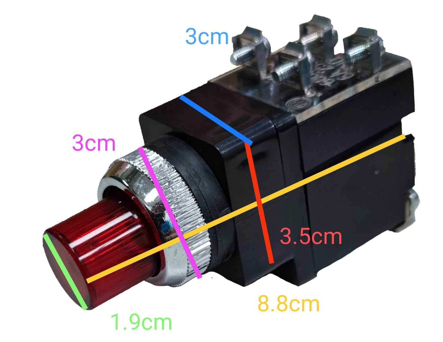 Auspicious 25mm illuminated push button switch with a red top for easy visibility and operation