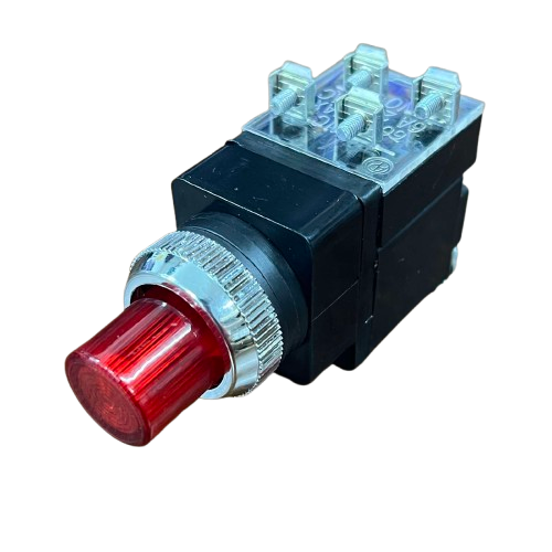 Auspicious 25mm illuminated push button switch with a red lens and chrome bezel for easy activation