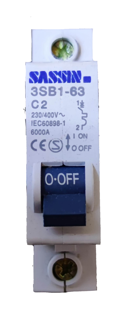 Sassin 2A Miniature Circuit Breaker 1 Pole 4.5 KAIC with ON OFF switch and white casing