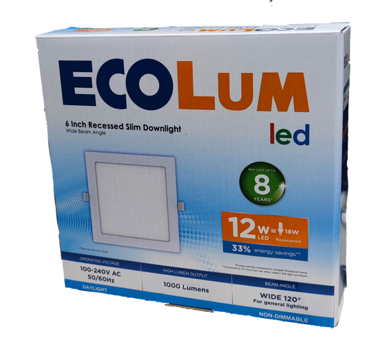 Ecolum 12W LED Square Downlight 220V Recessed ( ECOLUM) 6500K, 12W LED Square Flush Daylight 162x162mm Cut Out