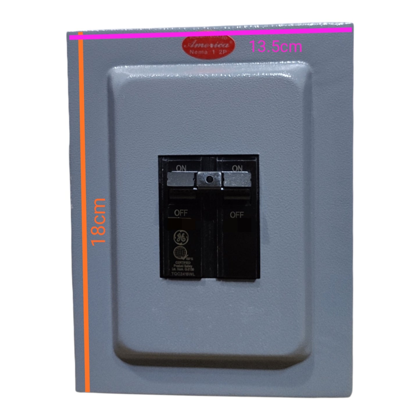 Electrical panel with dimensions labeled on a white background 40A 2pole Bolt On circuit Breaker with Nema 1 Metal Enclosure available at Electx Electrical SUpply
