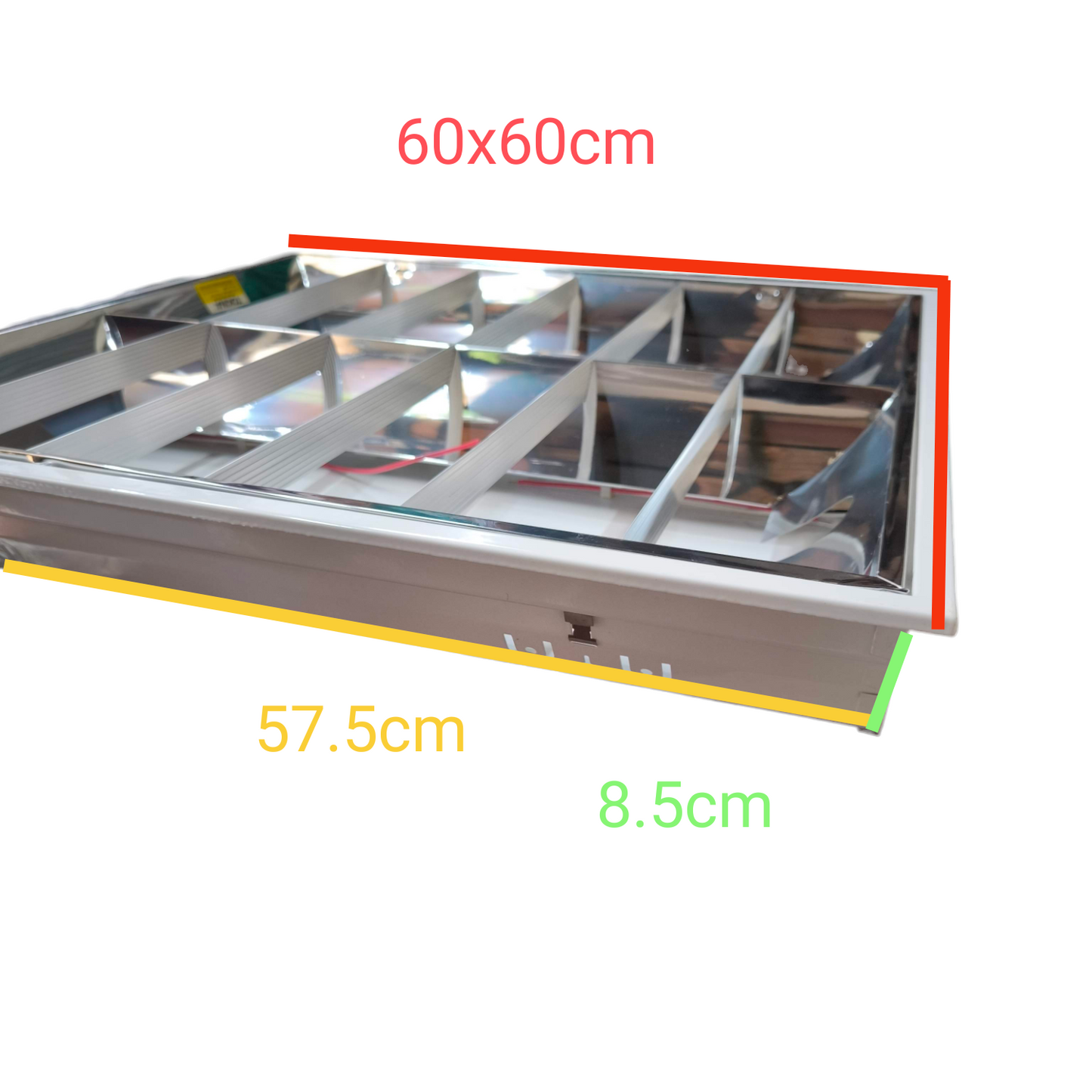 Tokina 2x20W Recessed Fixture with Aluminum Reflector showing dimensions 60x60cm and 8.5cm depth lighting installation accessory