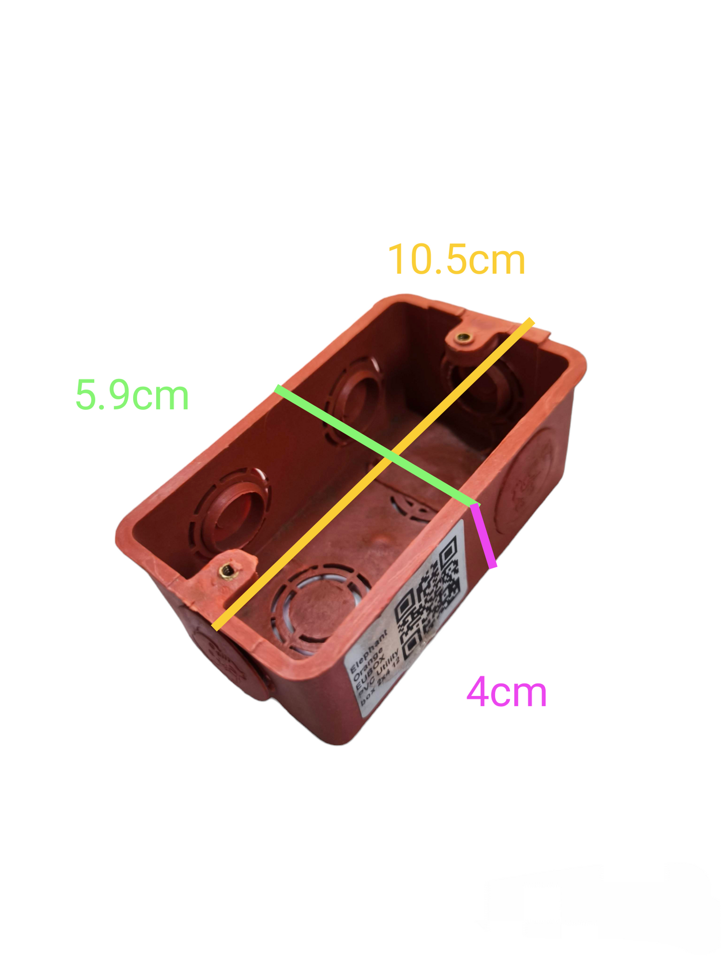 Elephant 2x4 electrical utility box in red, measuring 10.5cm by 5.9cm by 4cm for electrical connections