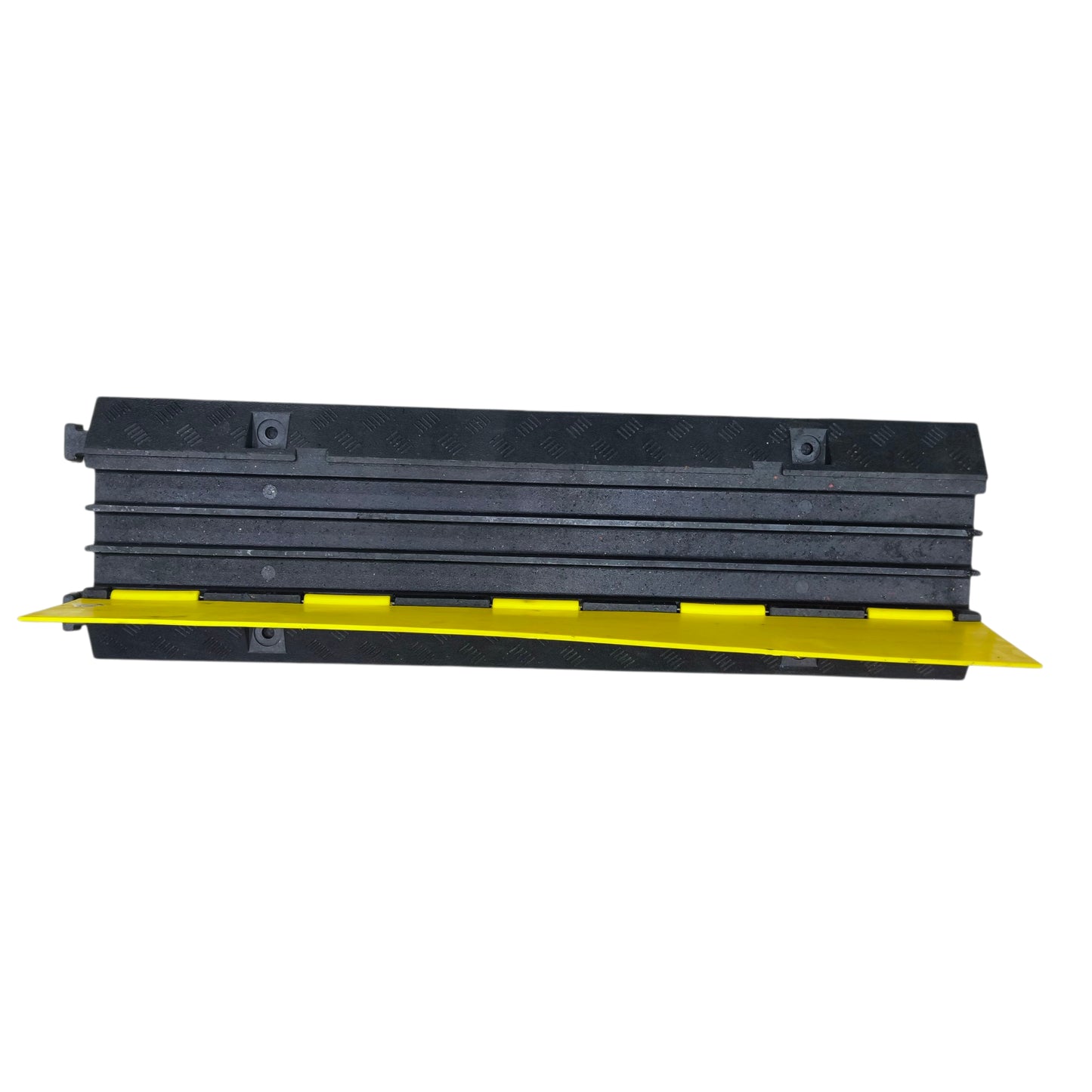 Grippes 3 channel cable ramp protector in black with yellow safety edge for cord management