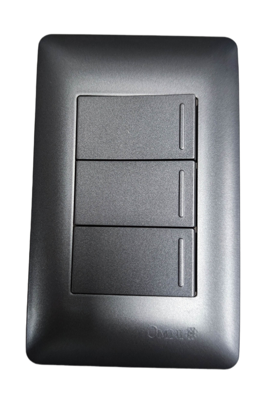 Omni 3 Gang 1 Way Switch with Plate in matte gray finish for home electrical control