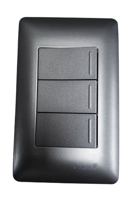 Omni 3 Gang 1 Way Switch with Plate in matte gray finish for home electrical control