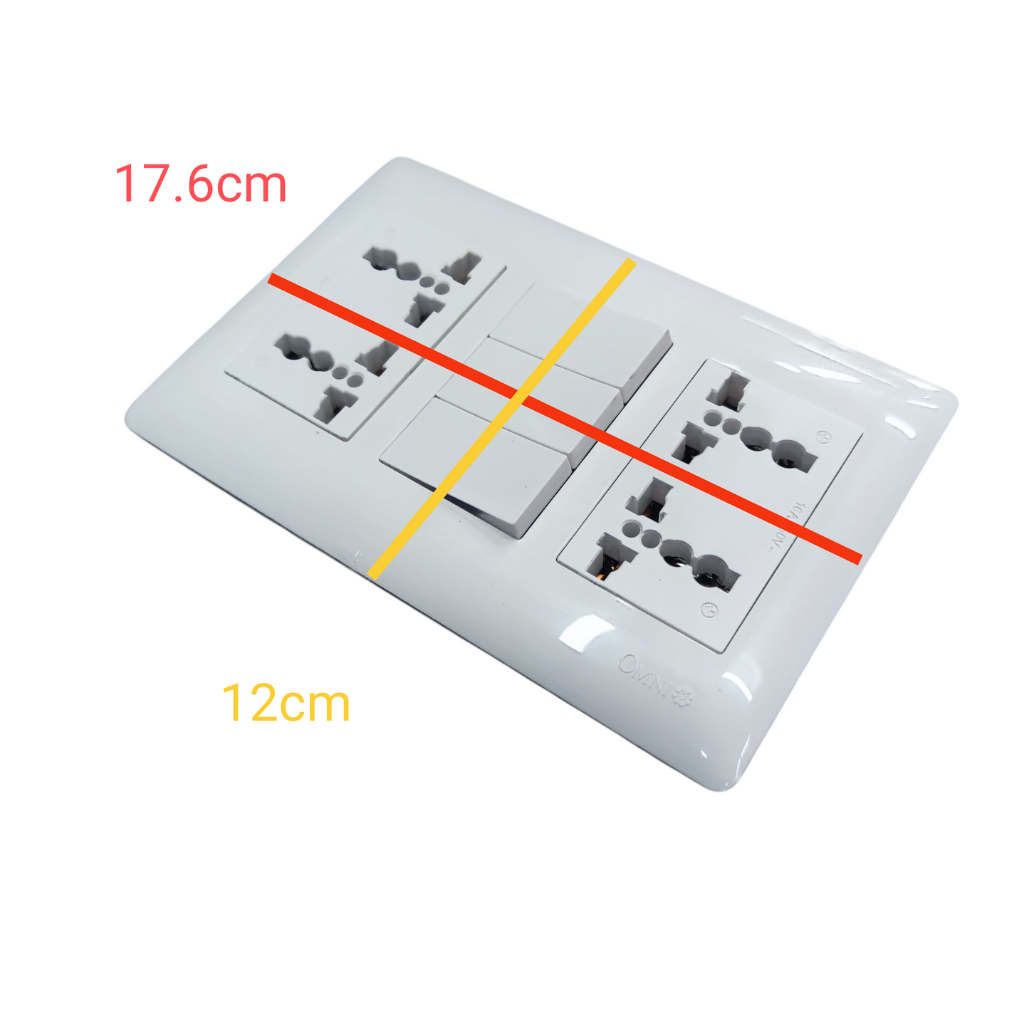 Omni 3 gang 3 way switch with universal outlet in white with three switches and multiple plug sockets