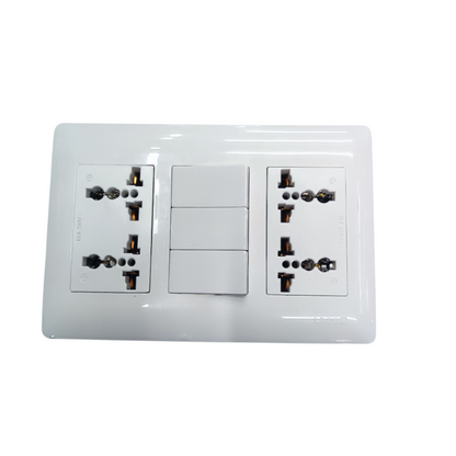 Omni 3 gang 3 way switch with universal outlet in white for power points switches and plugs
