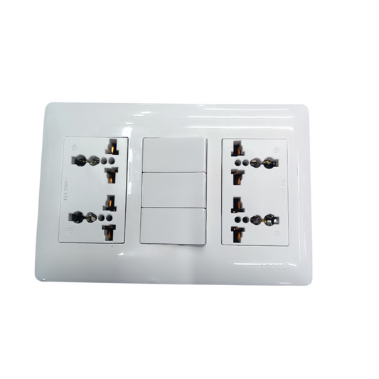 Omni 3 gang 3 way switch with universal outlet in white for power points switches and plugs
