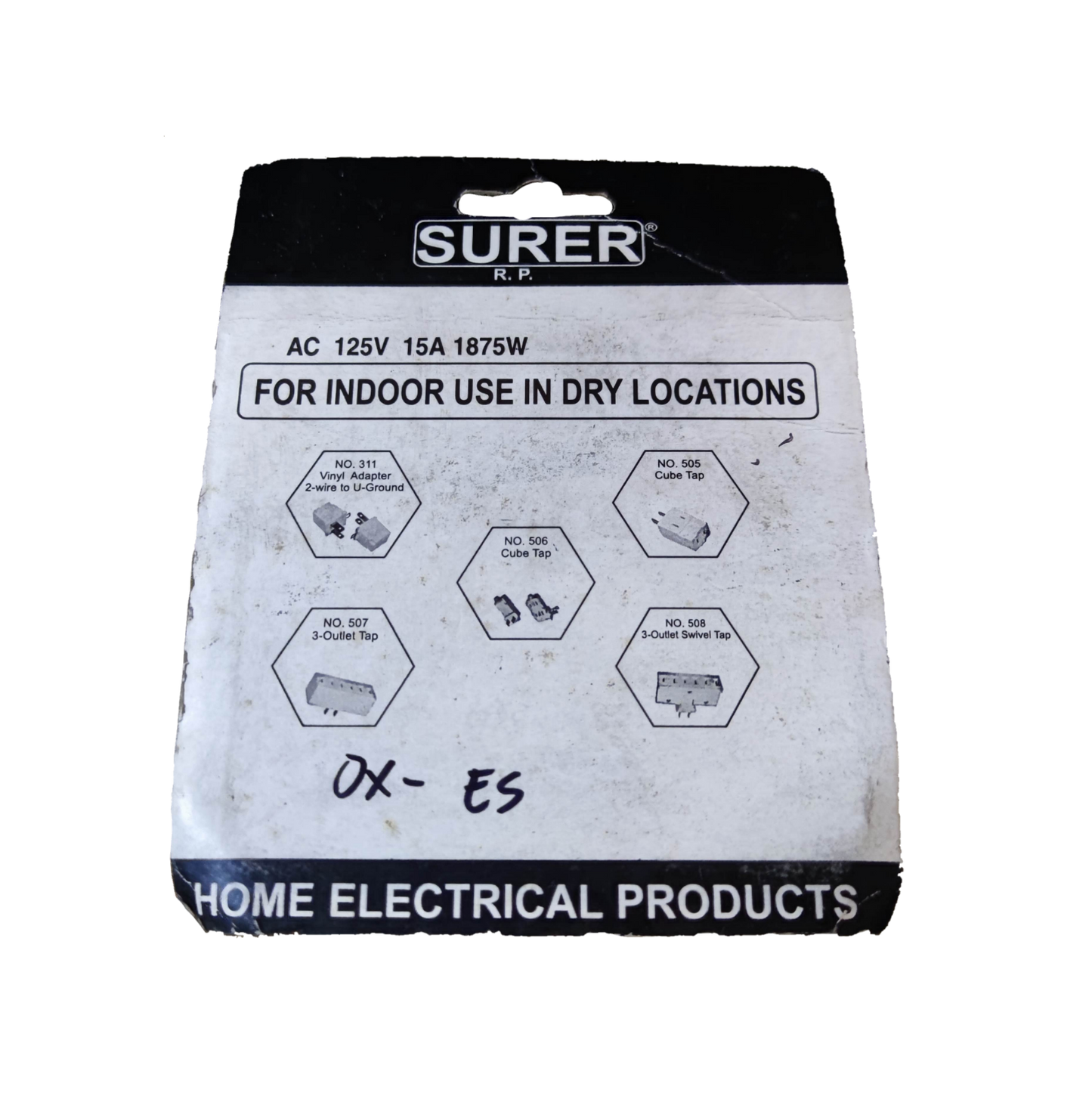 Surer 3 Gang Outlet Tap 15A 125V packaging for indoor use in dry locations, home electrical product