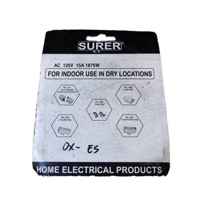 Surer 3 Gang Outlet Tap 15A 125V packaging for indoor use in dry locations, home electrical product