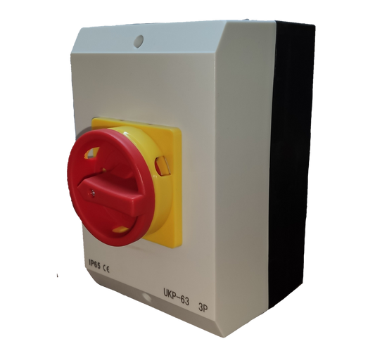 Grippes 3 pole 63A disconnect switch 220V with a red turning handle for safe electrical isolation