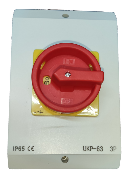 Grippes 3 pole 63A disconnect switch 220V with red turning knob for safe electrical control