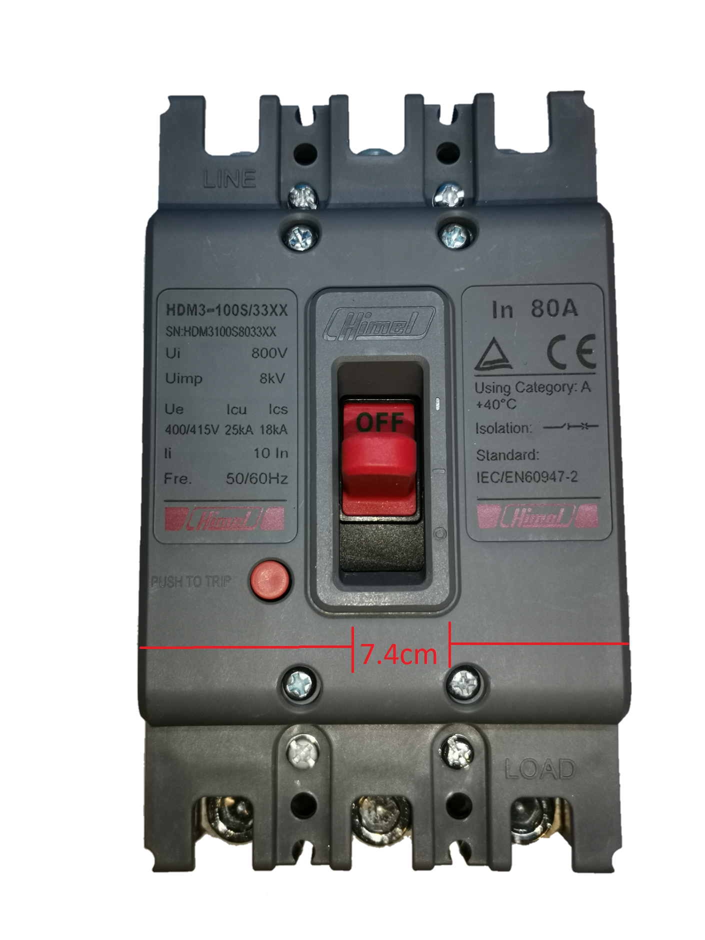 Himel 3 pole 80 amp circuit breaker 250V with red reset switch and terminal connections