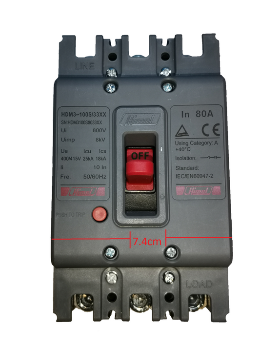 Himel 3 pole 80 amp circuit breaker 250V with red reset switch and terminal connections