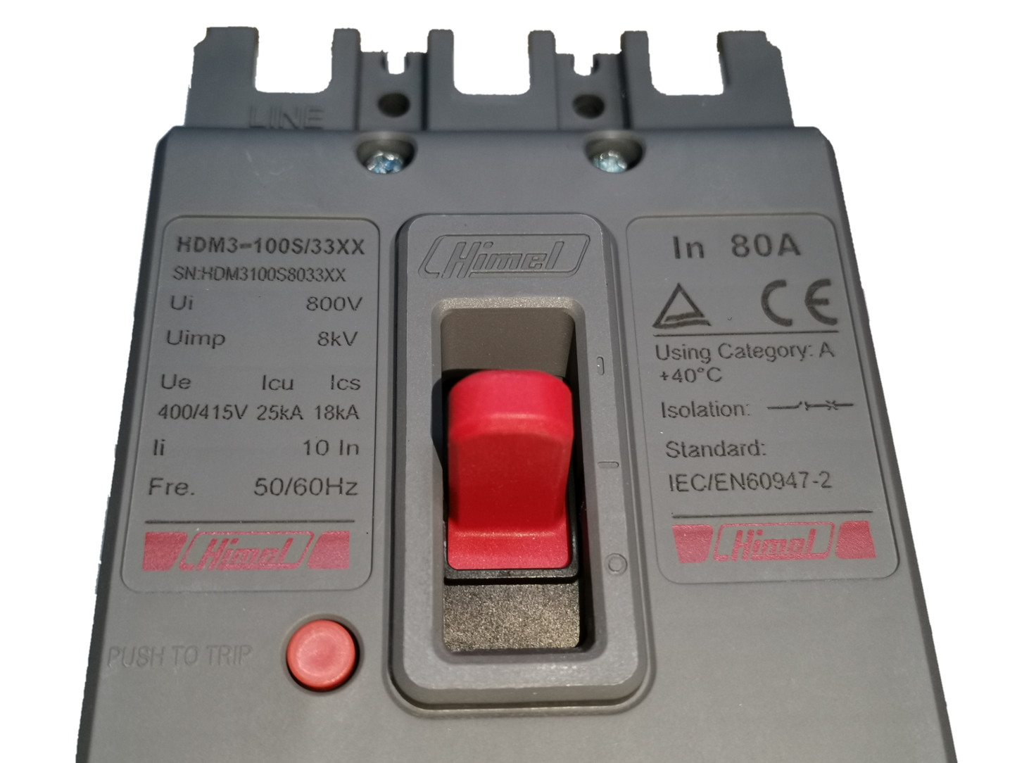 Himel 3 pole 80 amp circuit breaker 250V with red switch and clear labeling for electrical safety