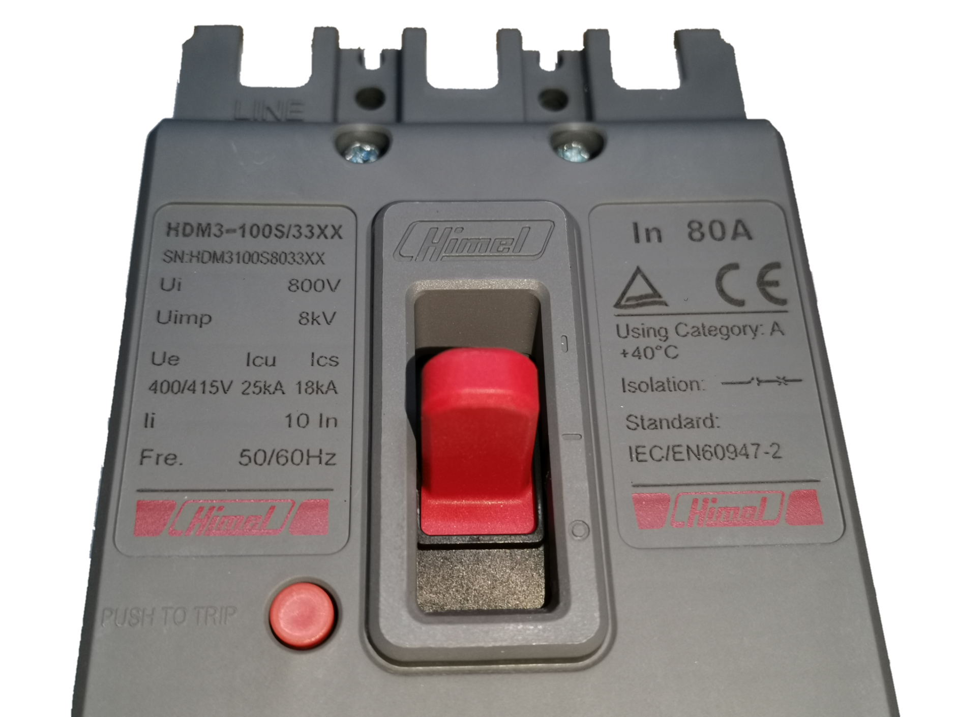 Himel 3 pole 80 amp circuit breaker 250V with red switch and clear labeling for electrical safety