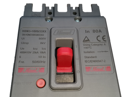 Himel 3 pole 80 amp circuit breaker 250V with red switch and clear labeling for electrical safety