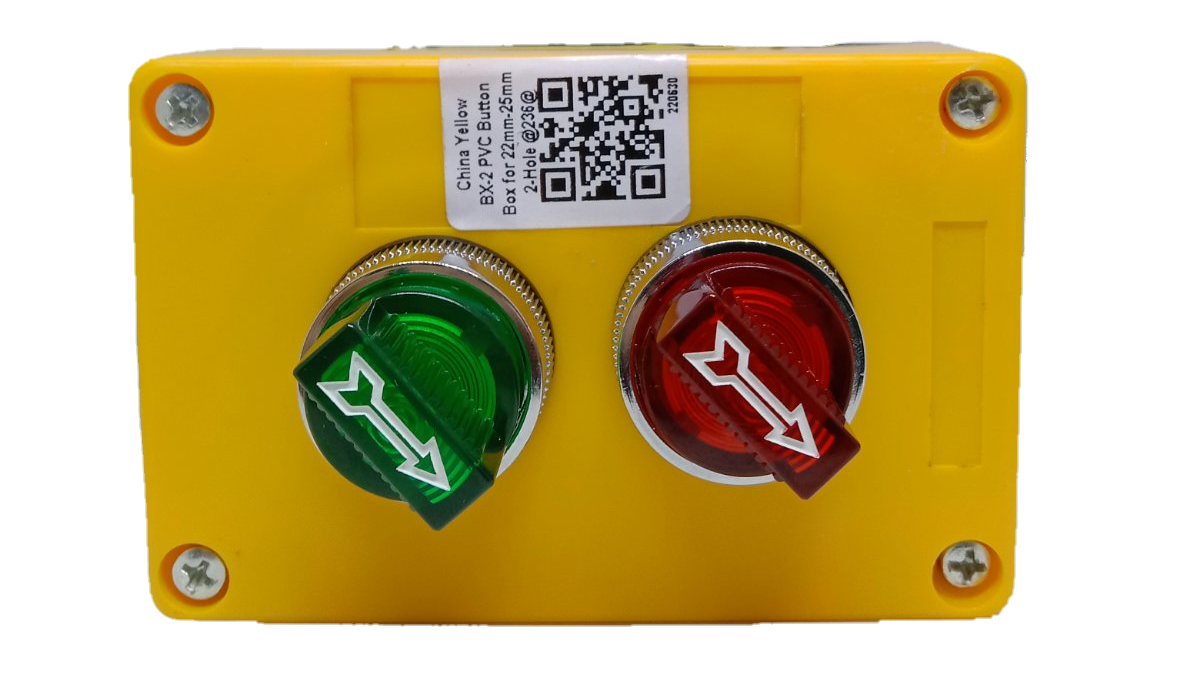 Auspicious 3 position selector switch with box featuring green and red knobs on a yellow casing