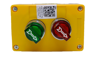 Auspicious 3 position selector switch with box featuring green and red knobs on a yellow casing