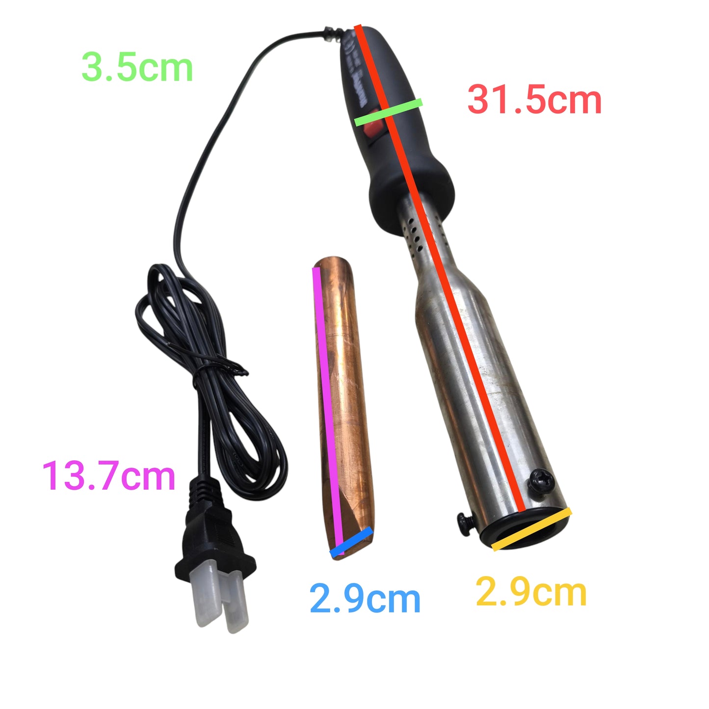 Starktex 300W Soldering Iron 220V with metal body and detachable copper tip showing dimensions
