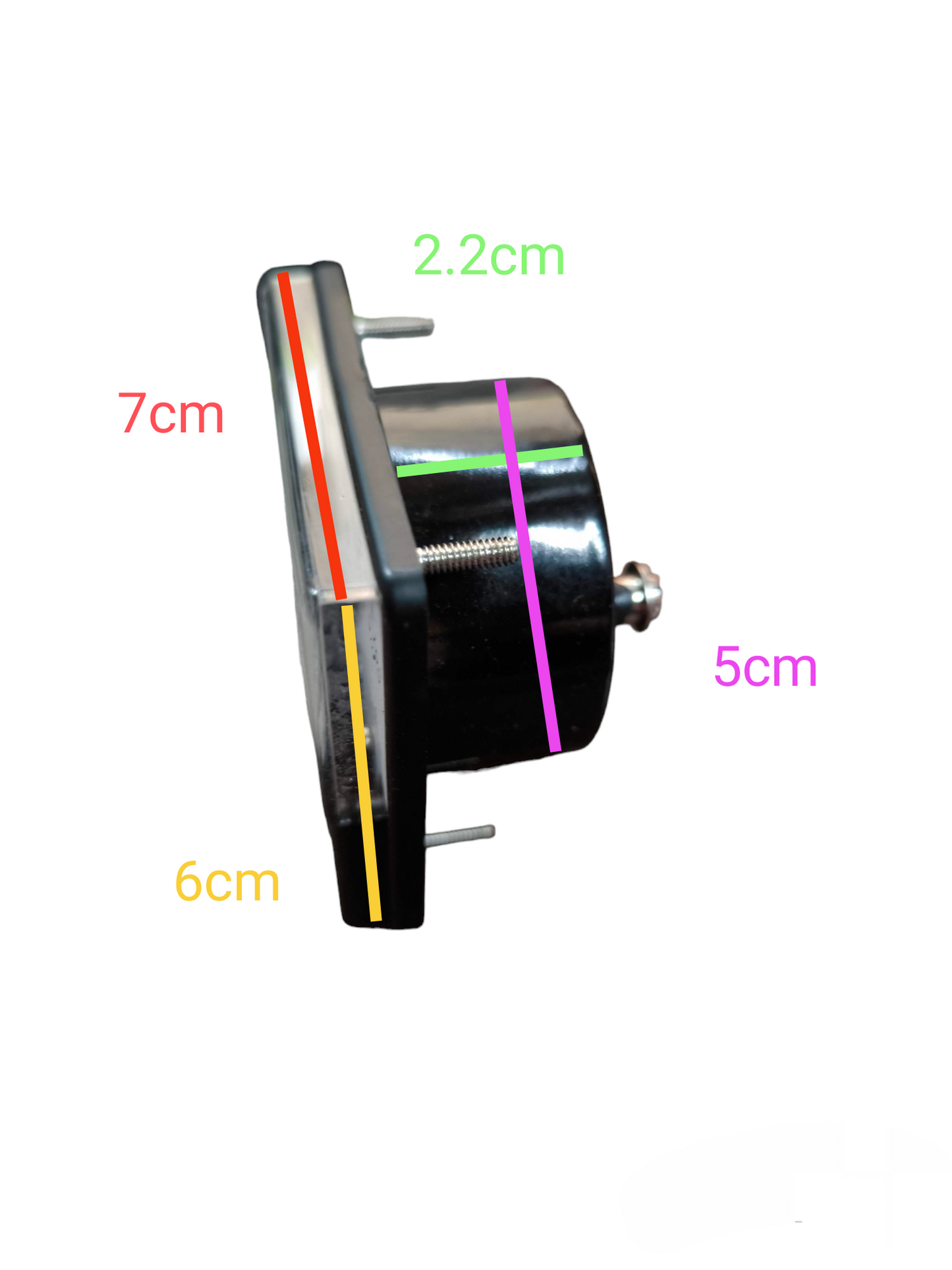 Side view of Hossini 30A AC Panel Meter 60mm x 70mm showing dimensions and electrical connections