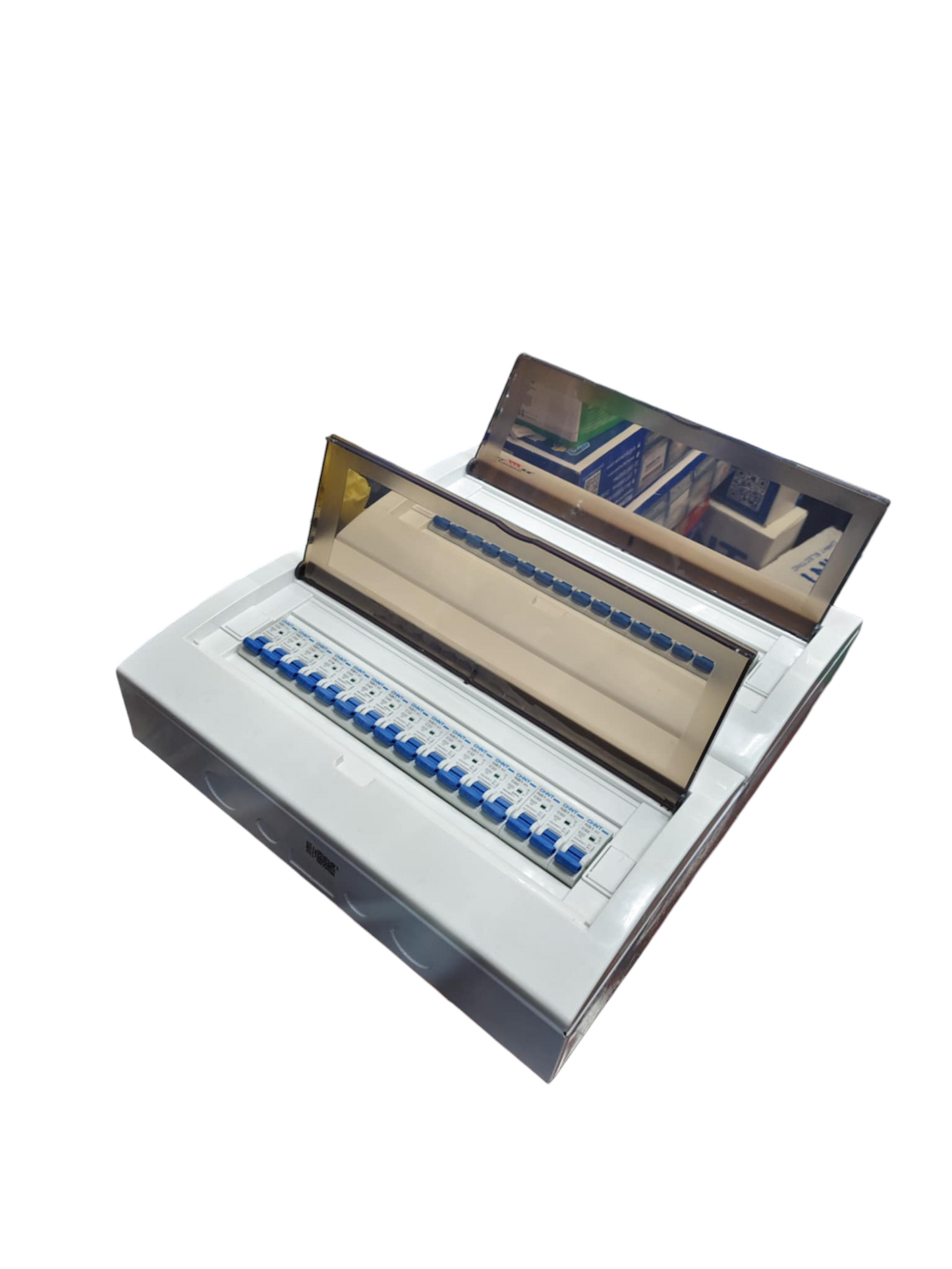 Chint 32 Ways Distribution Box Metal Base with transparent protective cover and circuit breakers inside