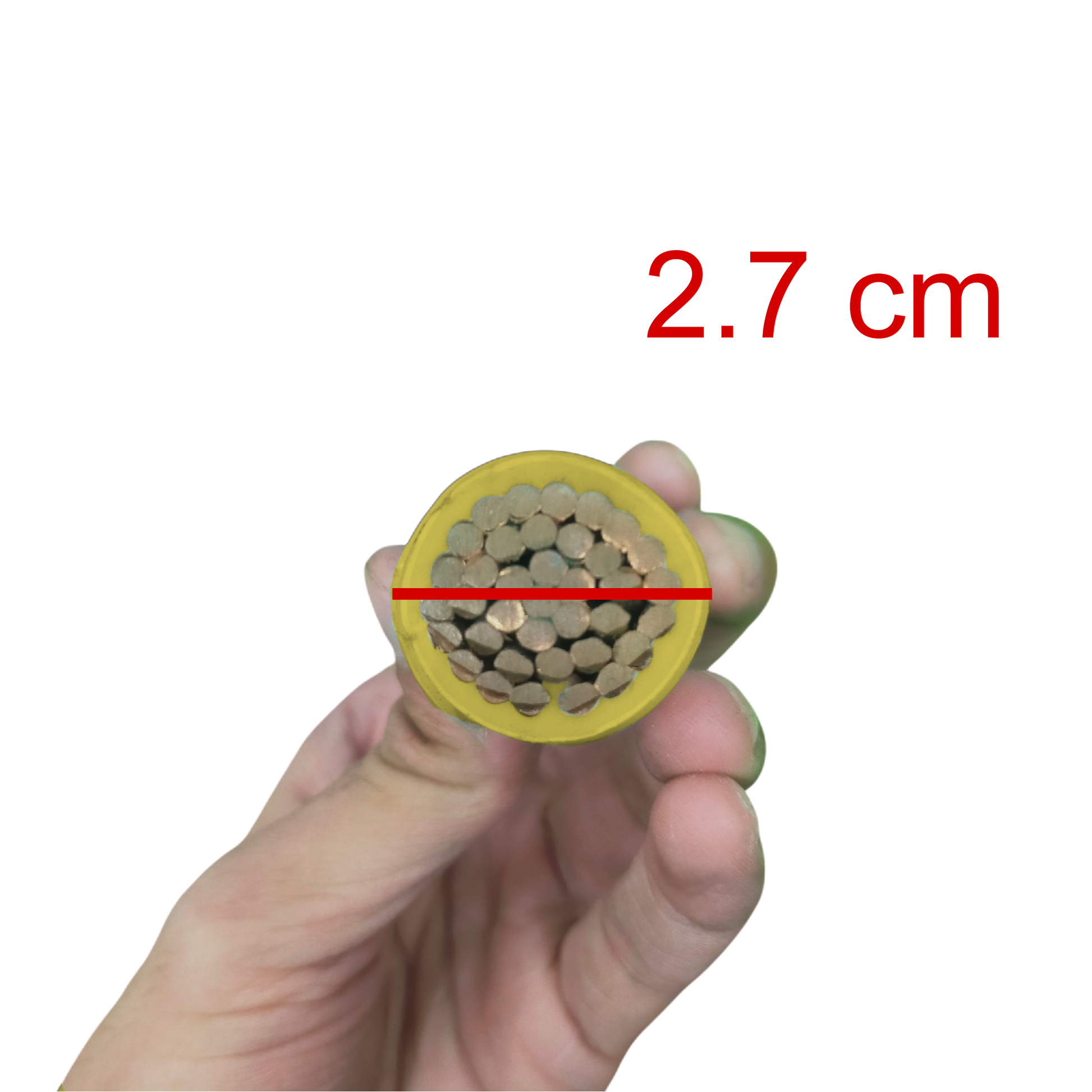 Close-up of 325mm THHN wire per meter held to show diameter and copper strands inside yellow insulation