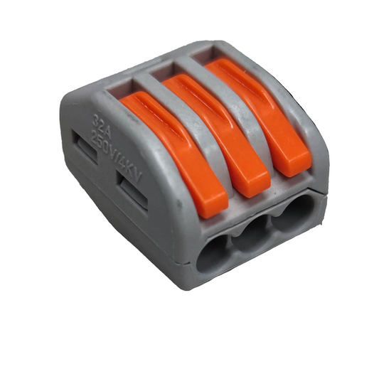 32A 250V wire terminal block with three orange levers and gray plastic housing for electrical wiring