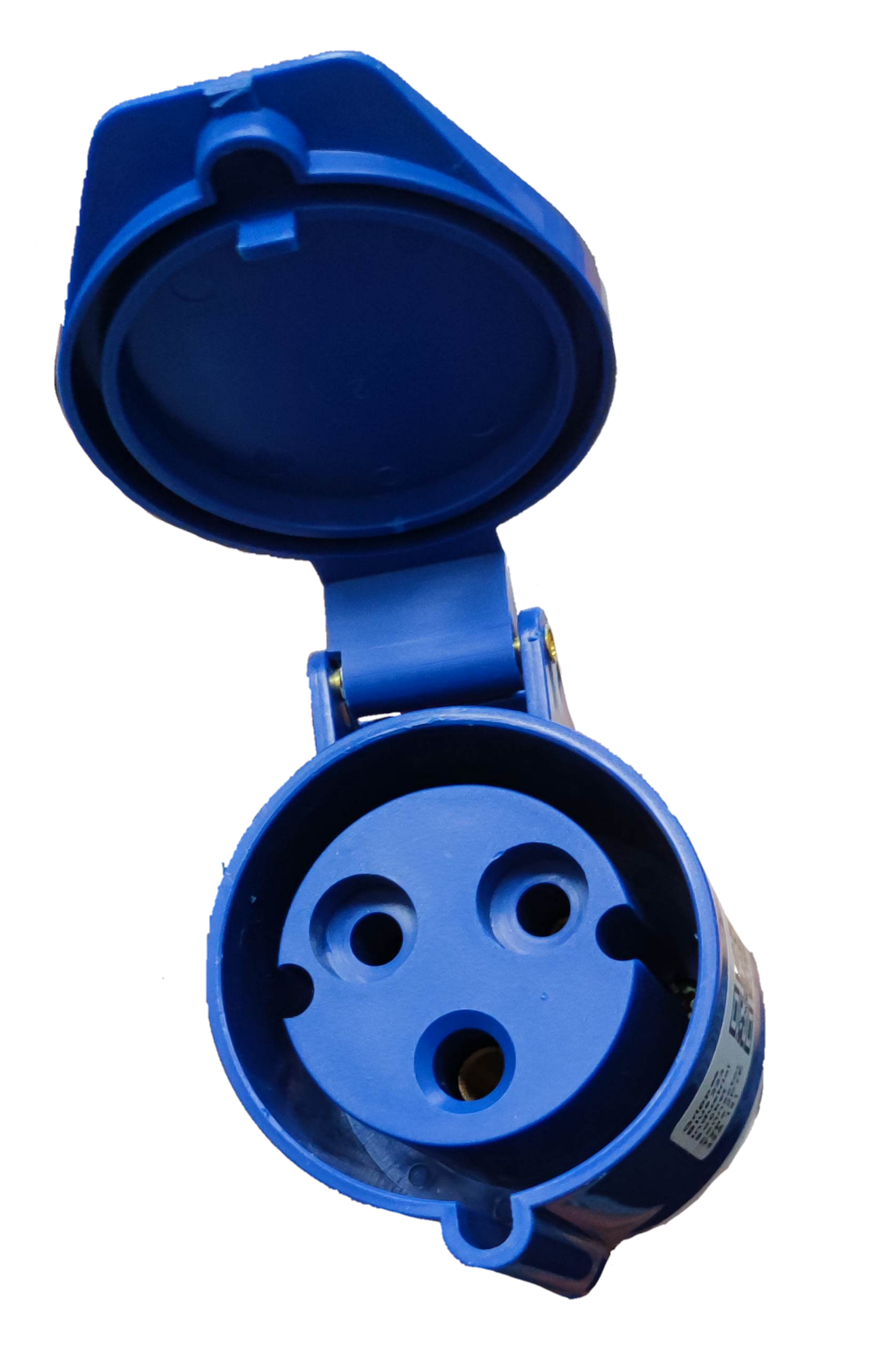 Grippes 32A industrial cord connector outlet in blue with protective hinged cover open