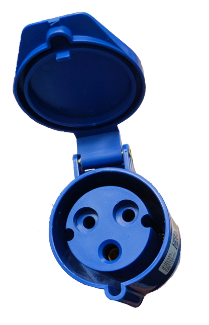 Grippes 32A industrial cord connector outlet in blue with protective hinged cover open