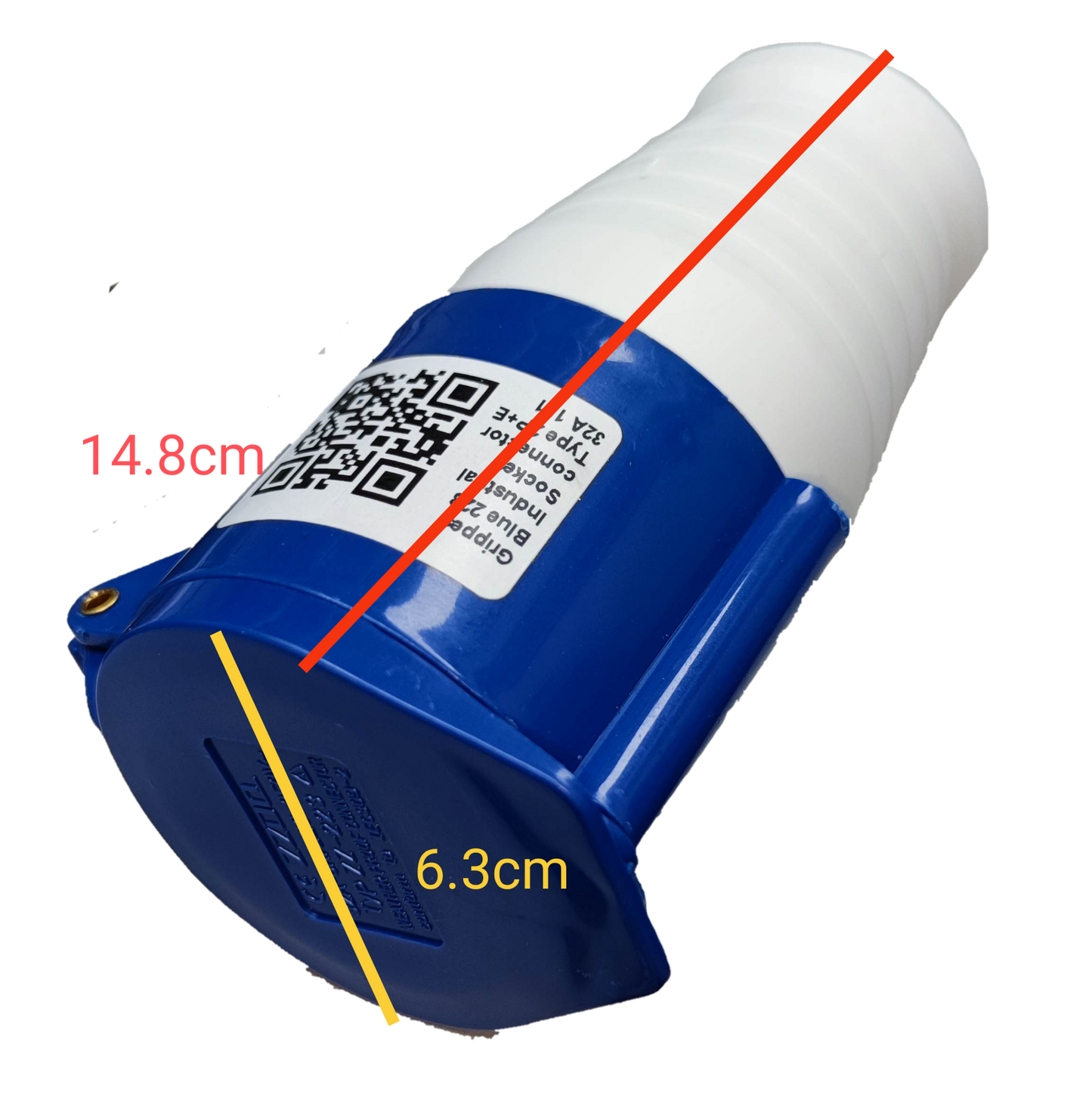 Grippes 32A industrial cord connector outlet in blue and white with QR code label