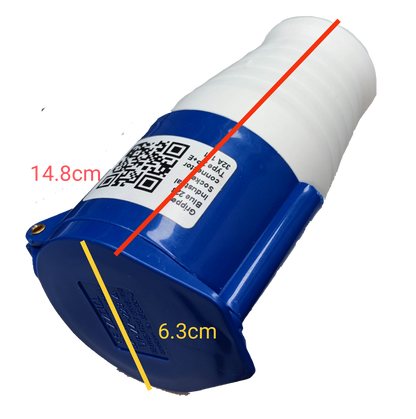 Grippes 32A industrial cord connector outlet in blue and white with QR code label
