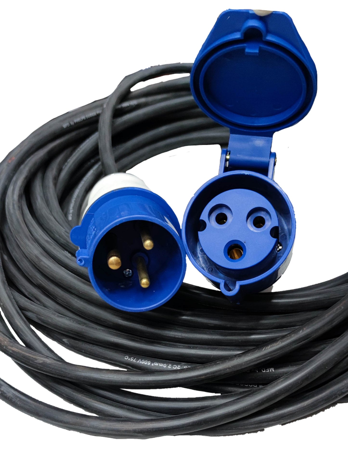 32A industrial plug and outlet connector with blue casing and long black cable by Grippes & Phleps Dodge