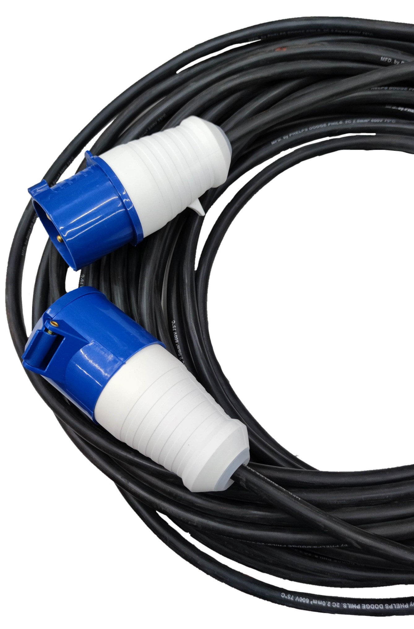 Grippes & Phleps Dodge 32A industrial plug and outlet connector with black cable on black background