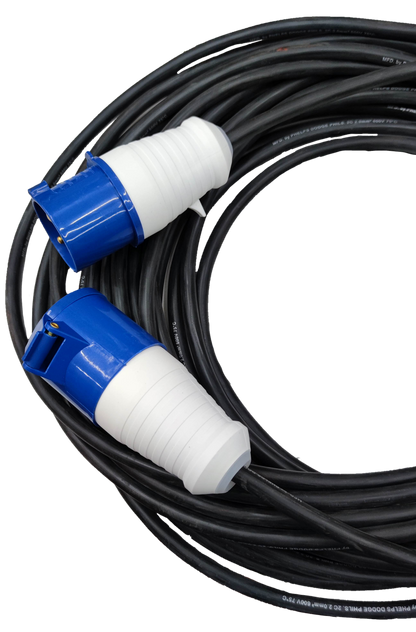 Grippes & Phleps Dodge 32A industrial plug and outlet connector with black cable on black background