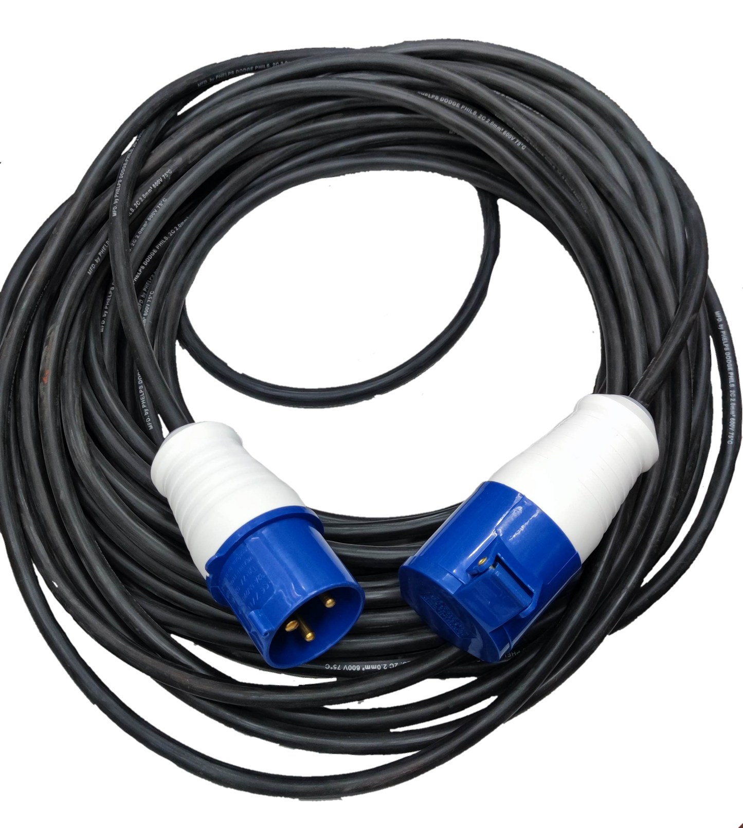 32A industrial plug and outlet connector with blue and white ends and long black cable by Grippes Phleps Dodge