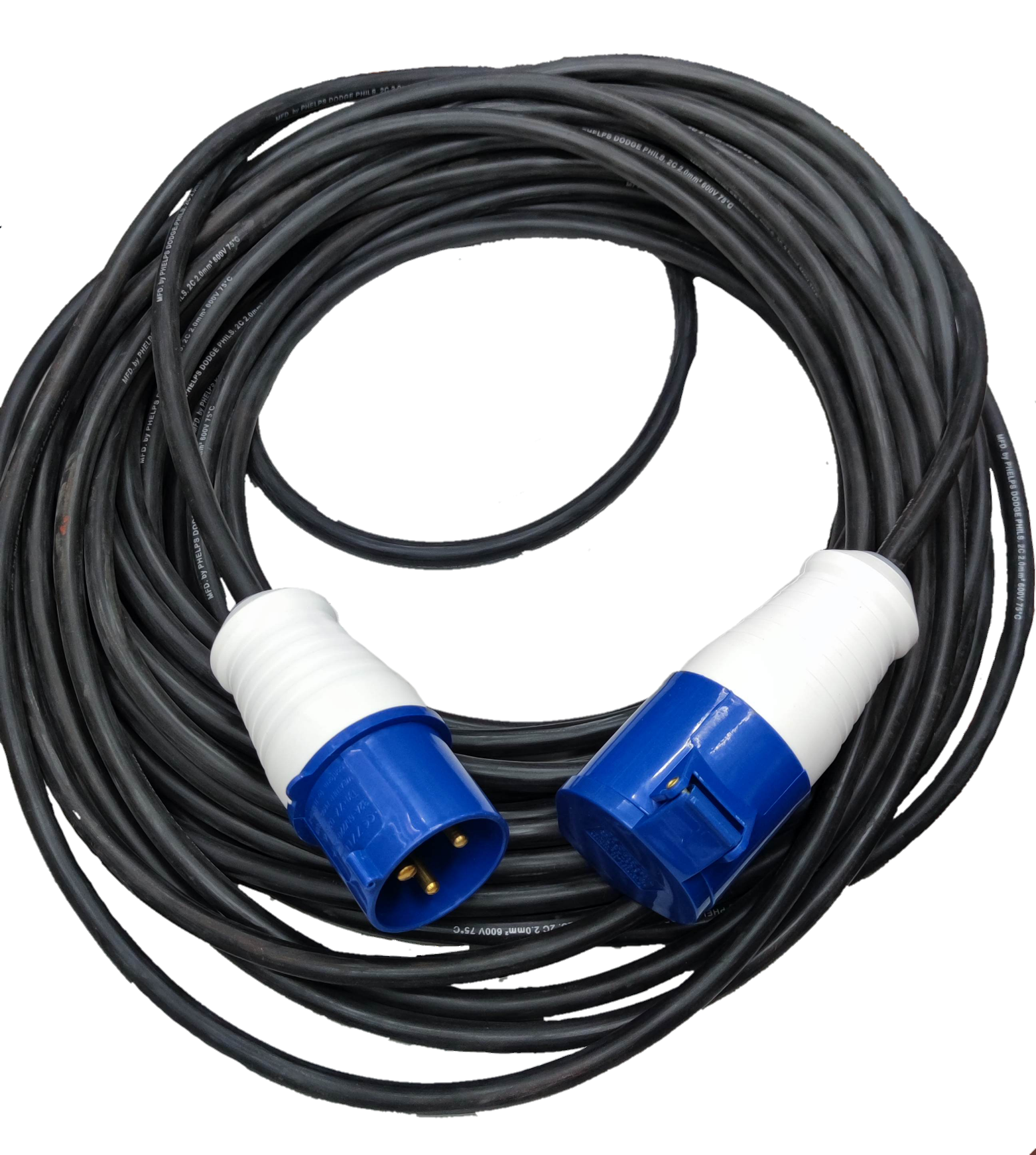 32A industrial plug and outlet connector with blue and white ends and long black cable by Grippes Phleps Dodge