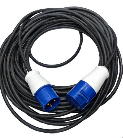 32A industrial plug and outlet connector with blue and white ends and long black cable by Grippes Phleps Dodge