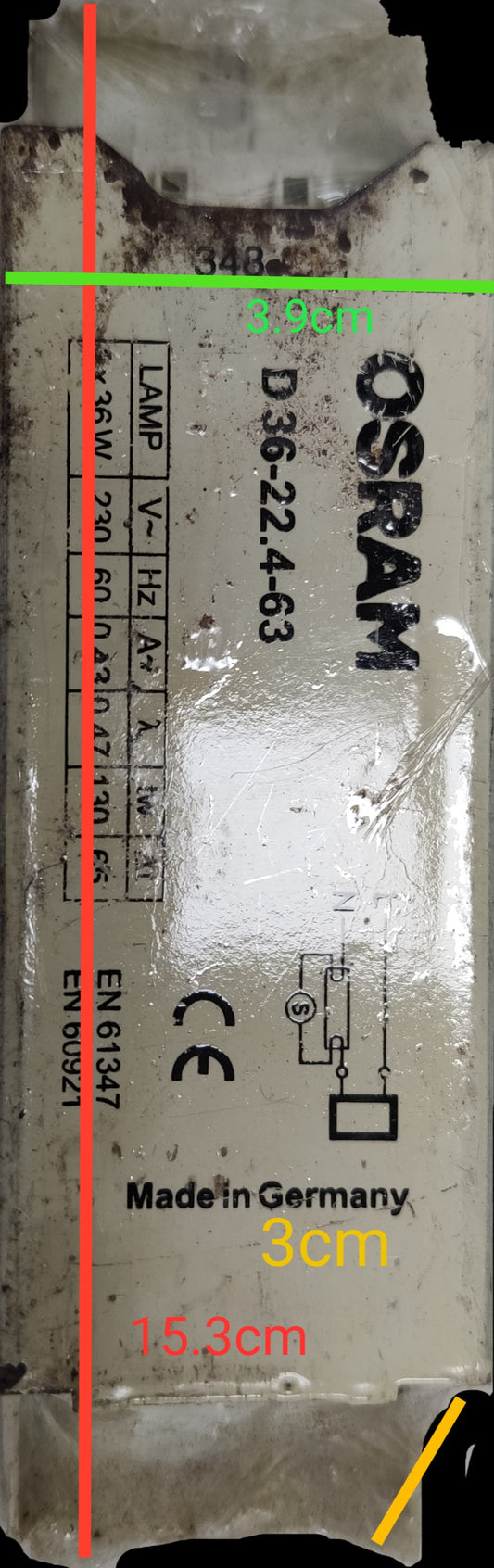 May & Christe 36W fluorescent ballast electrical circuitry part made in Germany by OSRAM