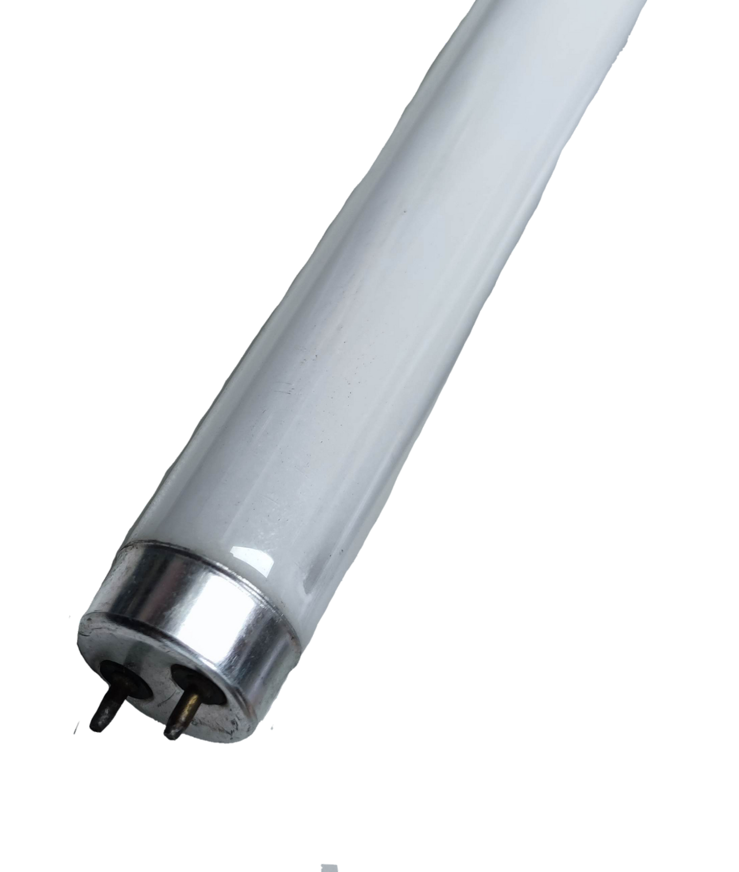 Irisram 36W T8 yellow fluorescent tube with metal pins on a white glass tube against black background