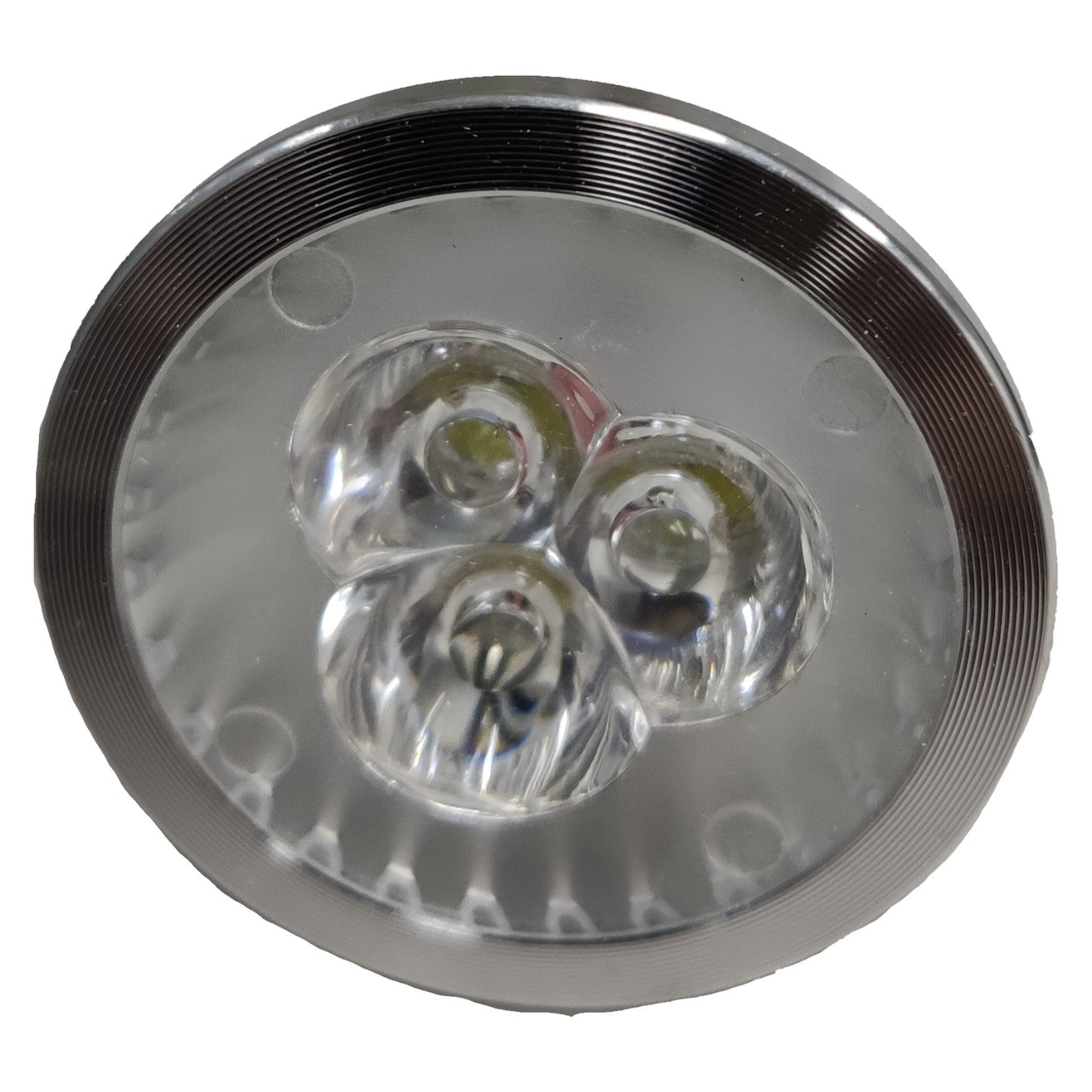Round light fixture with three clear lenses on a white background