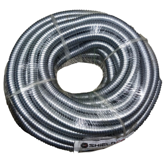 Coiled metal hose with 'Shield' branding on a white background