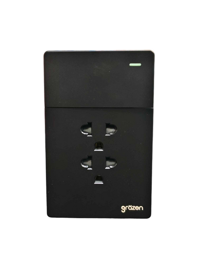 Grazen 2 Gang Outlet with Ground with 1 Way Switch with Plate Cover 16A 220V Available In Black, White Grey and Black GW-008