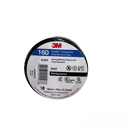3M Temflex Black Vinyl Electrical Tape with strong adhesion, ideal for electrical projects, flame retardant electrical tape