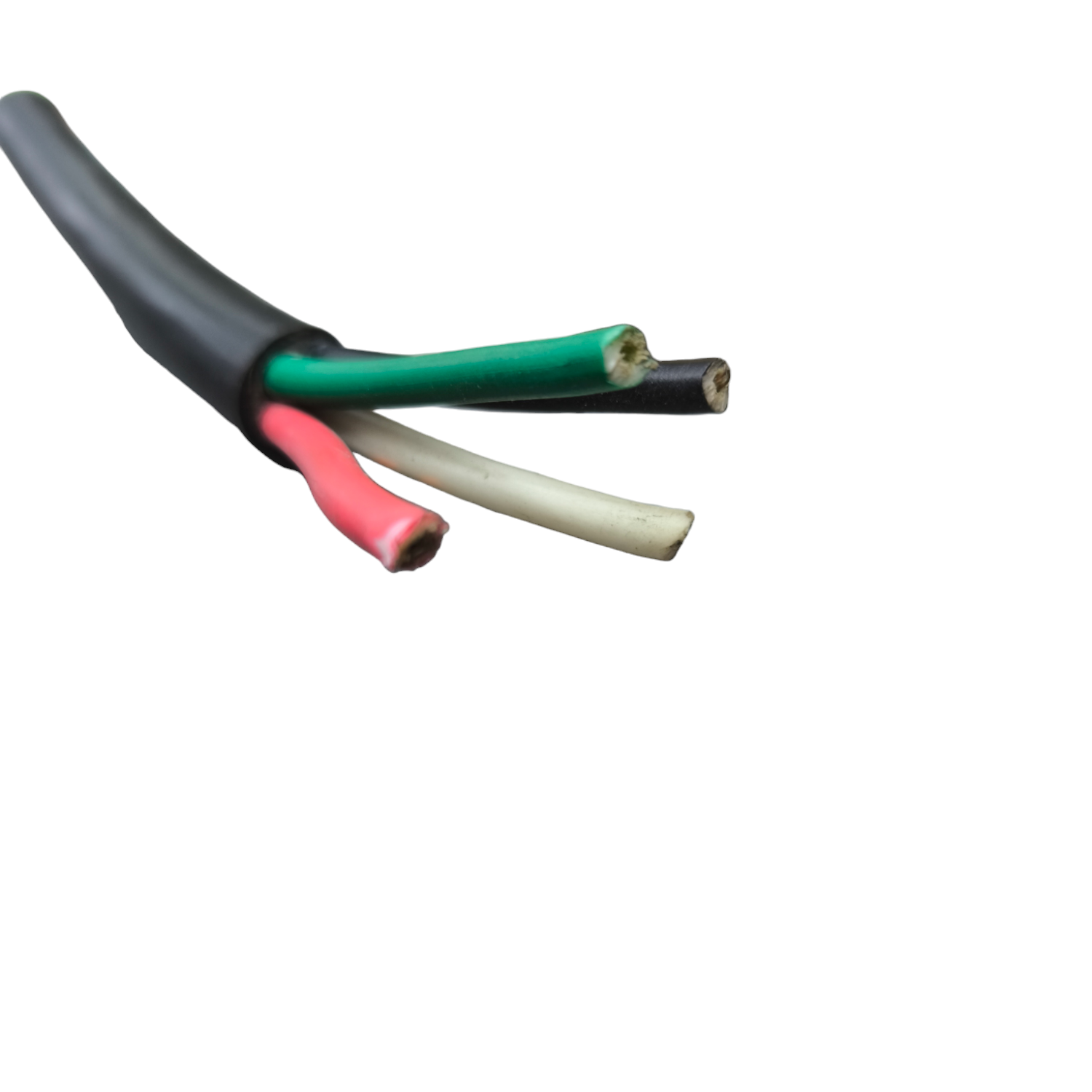 Philflex 4 core 38mm electrical cable with black outer sheath and exposed red green white wires