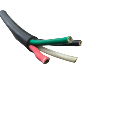 Philflex 4 core 38mm electrical cable with black outer sheath and exposed red green white wires