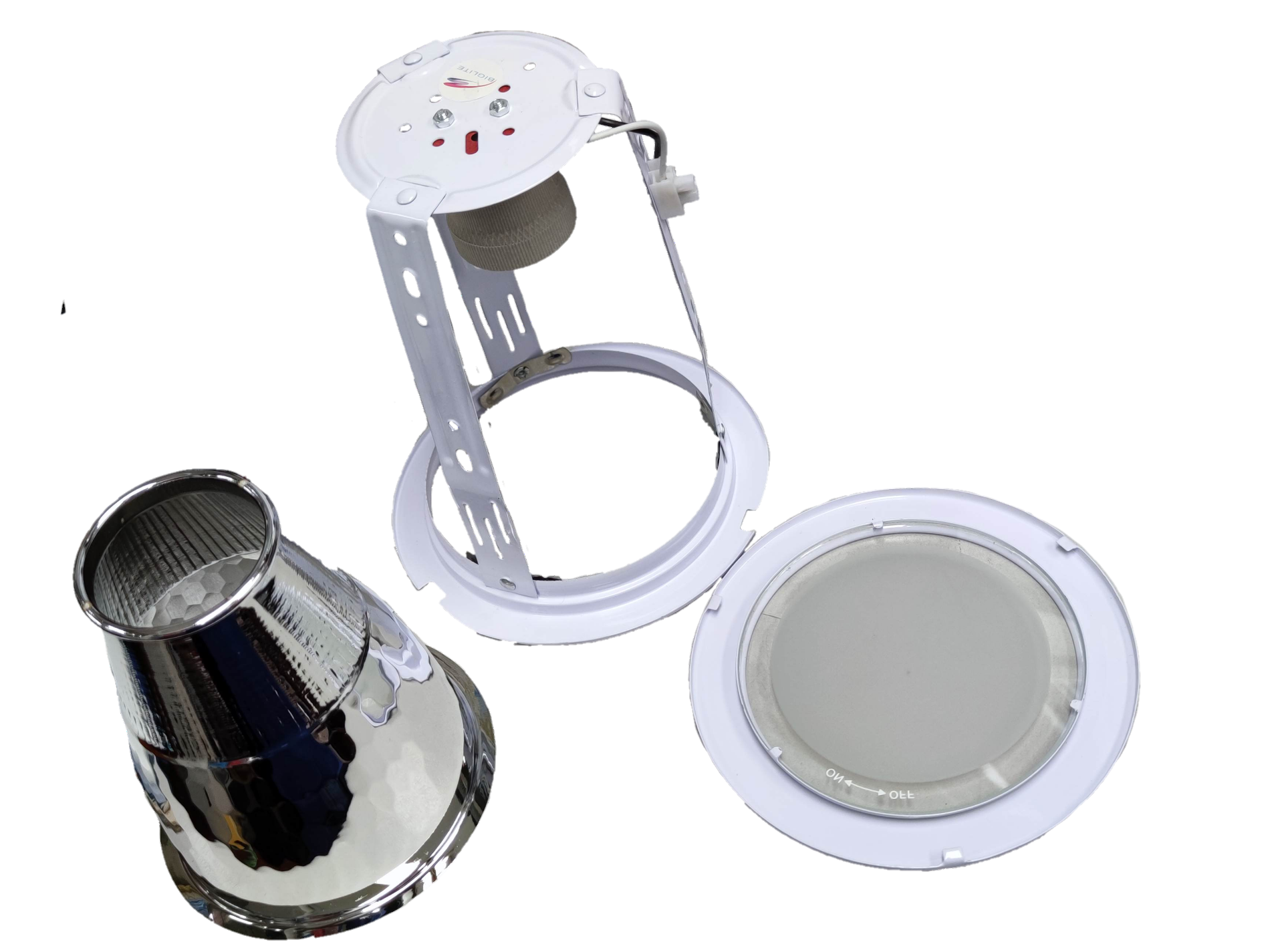 Biglite 4 inch E27 downlight fixture components including reflector, mounting bracket, and diffuser lens