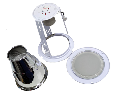Biglite 4 inch E27 downlight fixture components including reflector, mounting bracket, and diffuser lens